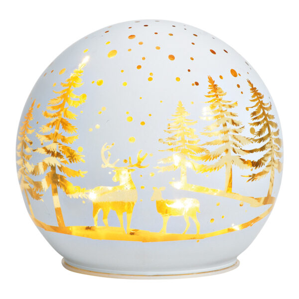 Bola de luz LED, decoración de bosque invernal, de cristal blanco mate (ancho/alto/profundidad) 12 x 11 x 12 cm, con temporizador, funcionamiento con pilas 3 x AA no incluidas