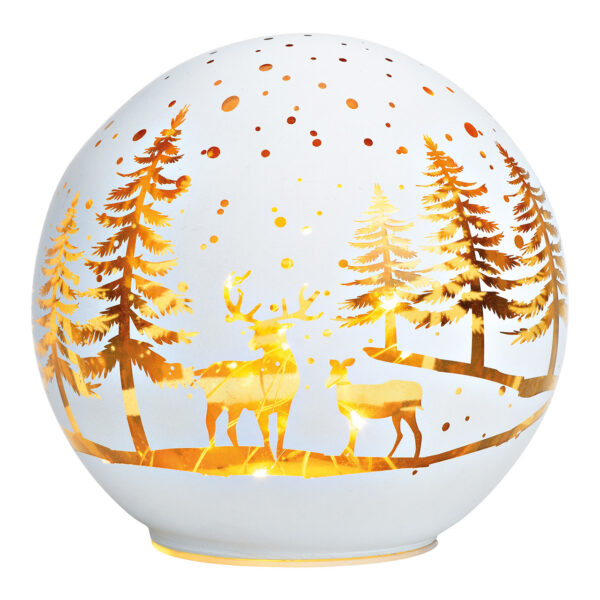 Bola de luz LED, decoración de bosque invernal, de cristal blanco mate (ancho/alto/profundidad) 15 x 14 x 15 cm, con temporizador, funcionamiento con pilas 3 x AA no incluidas