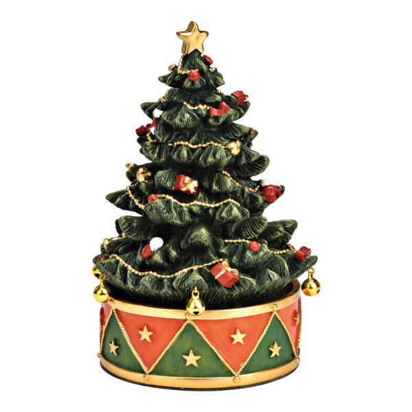 Caja de música árbol de Navidad, con mecanismo de relojería, cascabeles musicales, hecha de poli colorido (An./Al./Pr.) 12x18x12cm