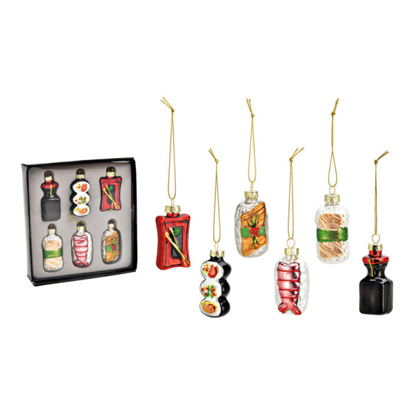 Juego de Para colgars navideñas, sushi, 3x6x2cm, juego de 6, hechas de vidrio de colores (An./Al./Pr.) 16x3x15cm