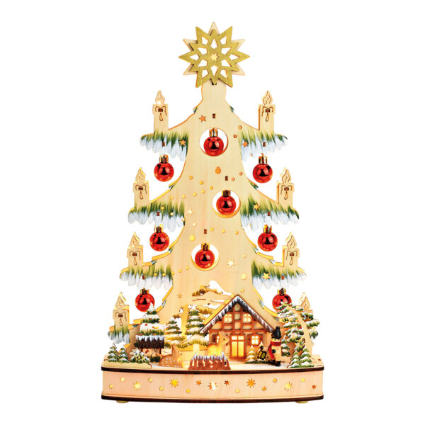 Soporte para árbol de Navidad con bola navideña, con LED, fabricado en madera natural (An./Al./Pr.) 27x45x9cm Funcionamiento con pilas 3xAA no incluidas, caja de pilas de doble función con temporizador
