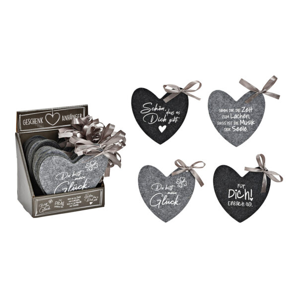 Etiqueta de regalo en forma de corazón con frase de fieltro gris, 8 surtido, (An./Al.) 13 x 13 cm