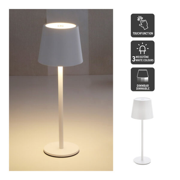 Lámpara de mesa LED de metal blanco (an./al./pr.) 9x26x9cm, USB, hierro, 48 LED, regulable sin niveles, 3 tonos de blanco, frío, cálido, blanco puro, cable de carga USB a USB C de 1 m, máx. 45 lúmenes, tiempo de carga 1-2 horas, tiempo de funcionamiento hasta 6 horas