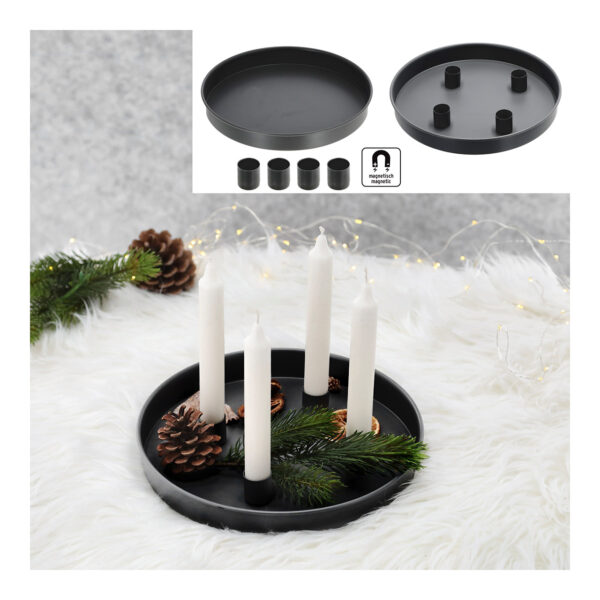 Corona de Adviento, bandeja con 4 portavelas magnéticos, fabricada en metal negro (An./Al./Pr.) 25x3x25cm apta para velas de hasta 2,3cm
