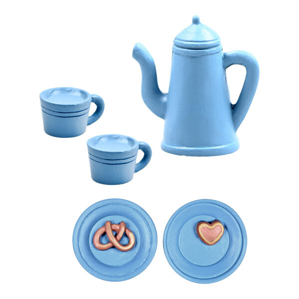 Accesorio de exhibición de puerta de amigo secreto, tetera con platos, tazas de poly azul (H) 3,5 cm