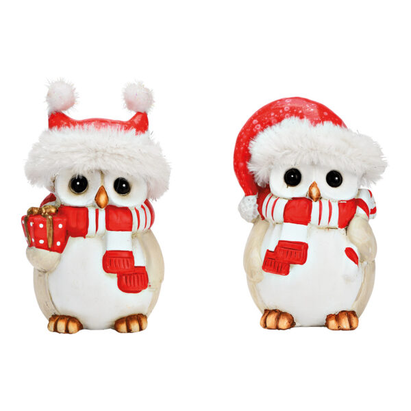 Búho con gorro navideño de arcilla blanca, 2 surtido, (An./Al./Pr.) 9x15x9cm