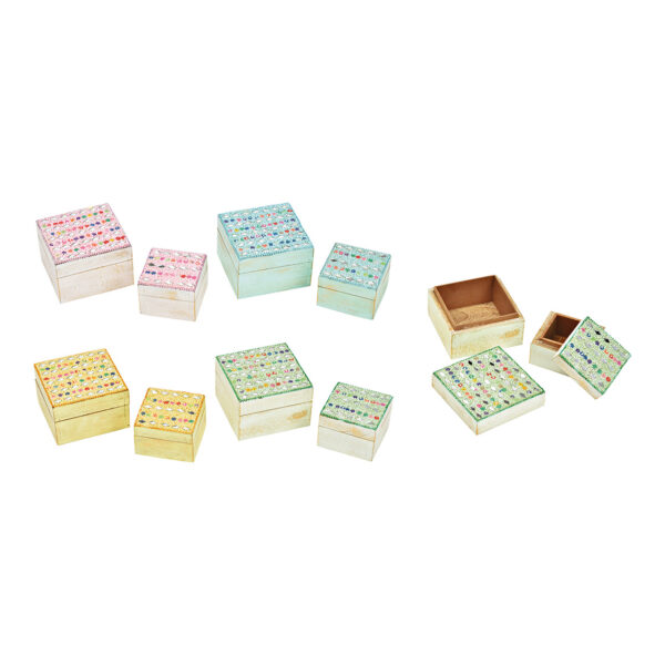 Caja con decoración de cuentas de vidrio, juego de 2, de madera rosa, amarillo, verde, azul, 4 compartimentos, (ancho/alto/profundidad) 10 x 6 x 10 cm, 7 x 5 x 7 cm