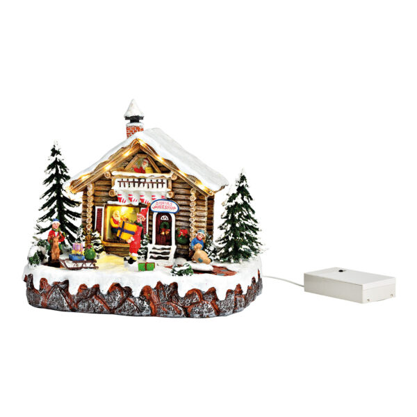 Escena de invierno Taller de Papá Noel con luz LED, figura móvil de policolor (An./Al./Pr.) 23x19x17cm Funcionamiento con pilas 3xAA no incluidas