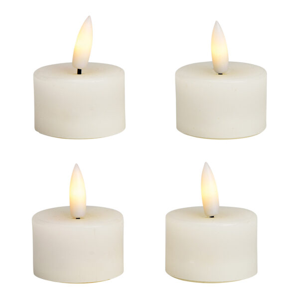 Juego de 4 velas LED de cera blanca (ancho x alto x profundidad) 4 x 4 x 4 cm. Funcionamiento con pilas 4 x CR2032 no incluidas.