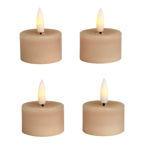 Juego de 4 velas LED de cera beige (ancho x alto x profundidad) 4 x 4 x 4 cm. Funciona con pilas 4 x CR2032 no incluidas.