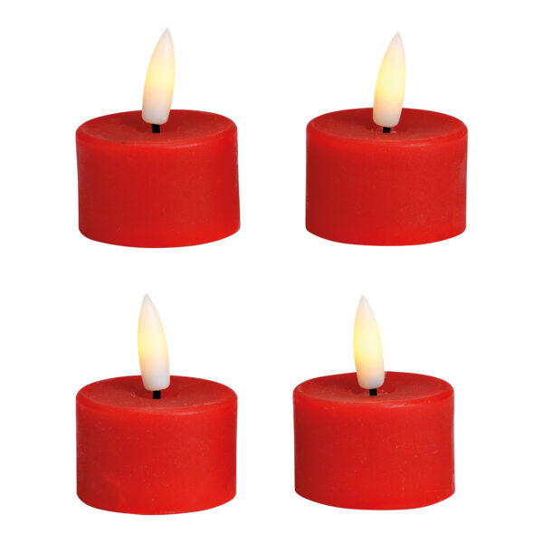 Juego de 4 velas LED de cera roja (ancho/alto/profundidad) 4 x 4 x 4 cm, funcionamiento con pilas 4 x CR2032 no incluidas