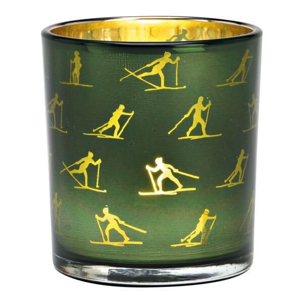 Lámpara de viento de cristal verde con motivos de esquí (An./Al./Pr.) 7x8x7cm