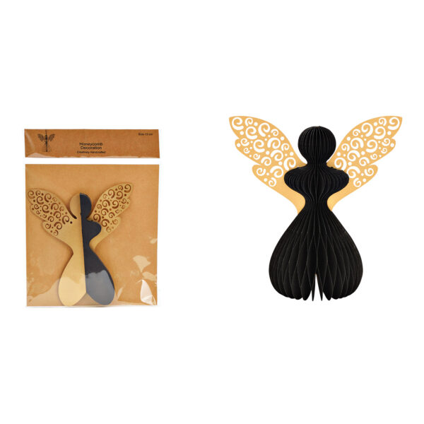 Ángel colgante en forma de panal de abeja de papel/cartón negro (An./Al./Pr.) 14x14x8cm