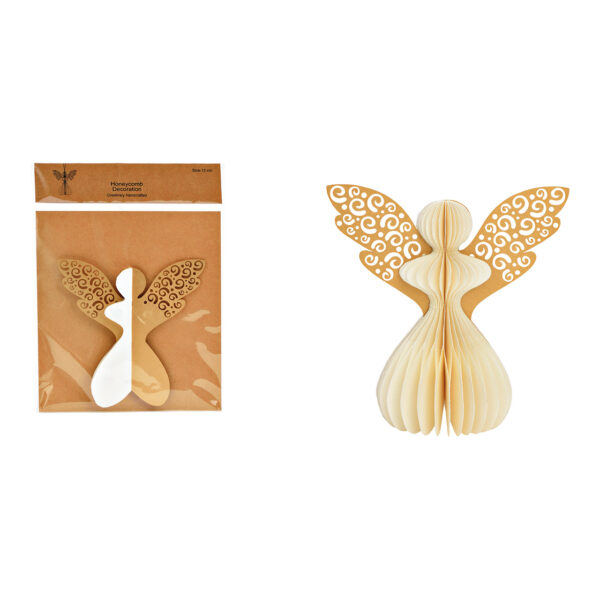 Ángel colgante en forma de panal de abeja de papel/cartón color blanco (An./Al./Pr.) 14x14x8cm