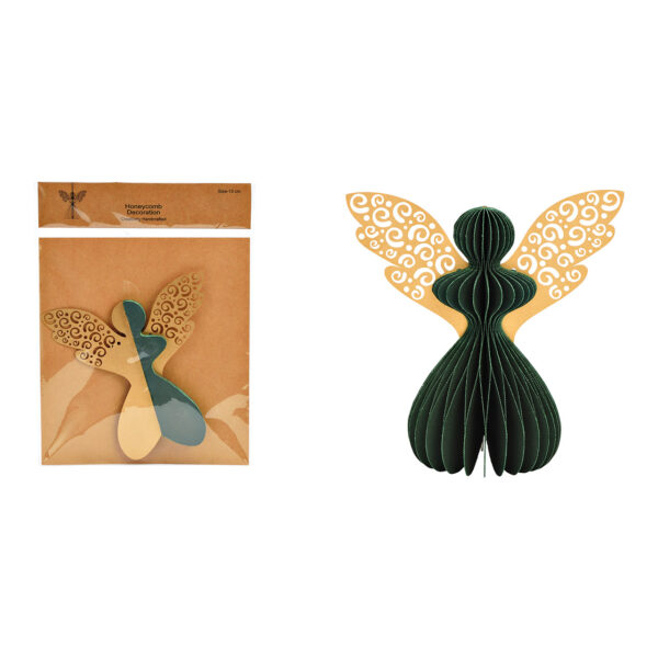 Ángel colgante en forma de panal de abeja de papel/cartón verde (An./Al./Pr.) 14x14x8cm