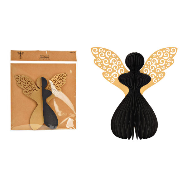 Ángel colgante en forma de panal de abeja de papel/cartón negro (An./Al./Pr.) 18x19x12cm