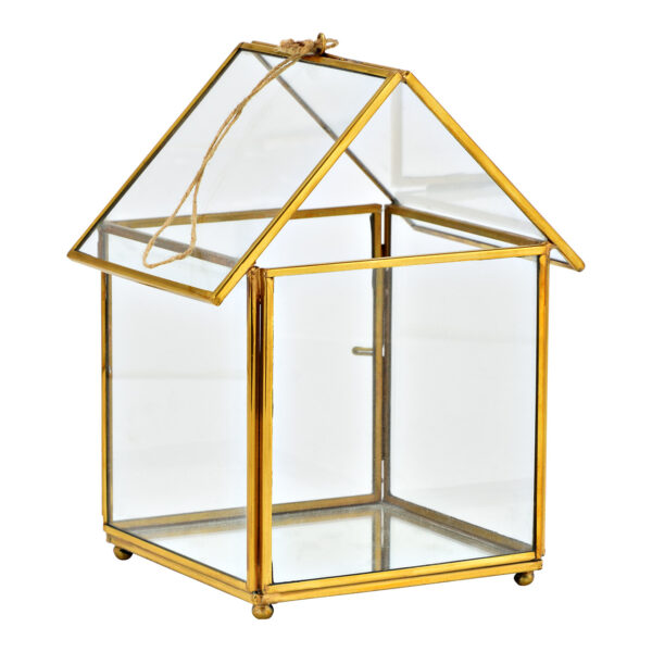Casita decorativa de metal/vidrio dorado (An./Al./Pr.) 13x20x5cm