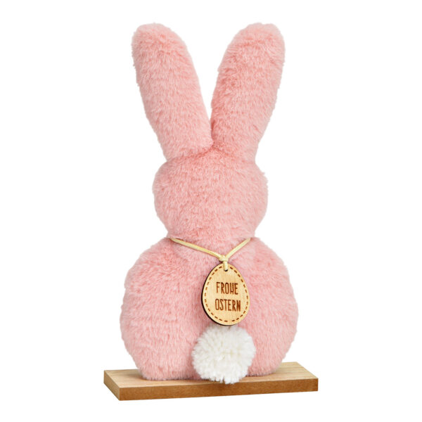 Peluche conejo de pie sobre base de madera rosa (An./Al./Pr.) 14x25x5cm