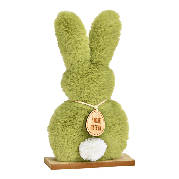 Conejo de peluche de pie sobre base de madera color verde (An./Al./Pr.) 14x25x5cm