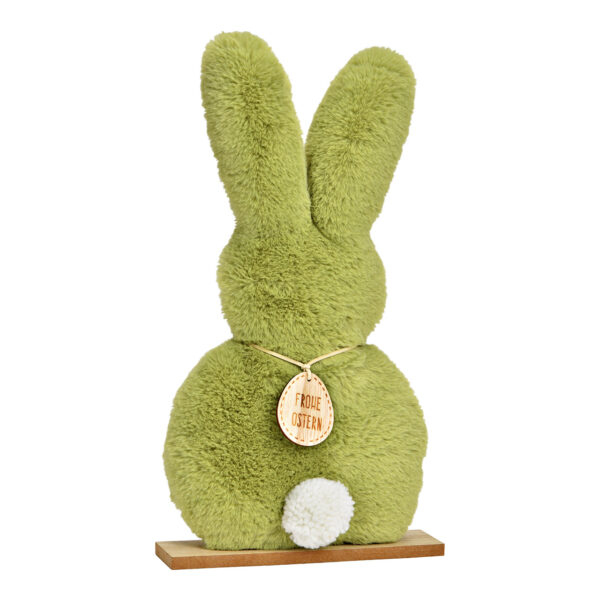 Conejo de peluche de pie sobre base de madera color verde (An./Al./Pr.) 20x36x5cm