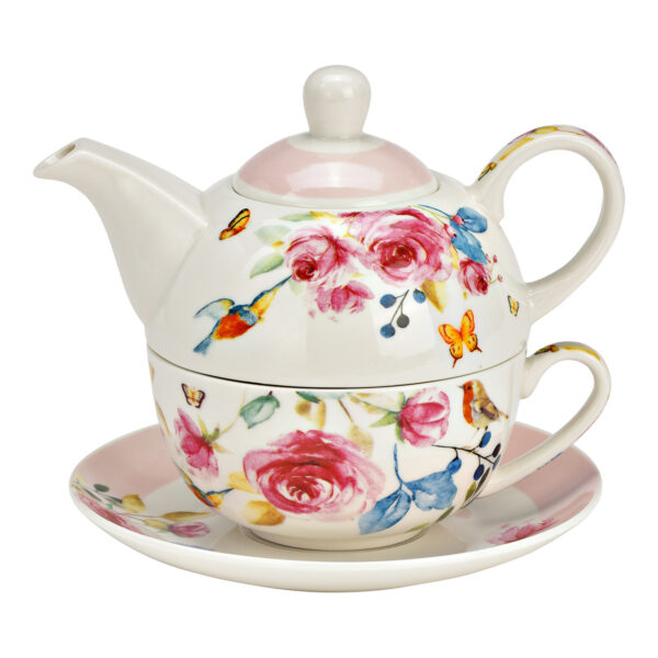 Juego de tetera con decoración de rosas, juego de 3, de porcelana rosa (An./Al./Pr.) 15x16x15cm 400ml/250ml