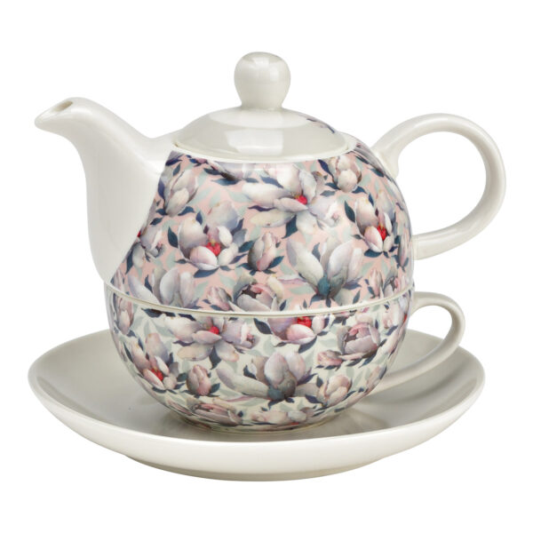 Juego de tetera con decoración de flores de magnolia, juego de 3, de porcelana beige (An./Al./Pr.) 15x16x15cm 400ml/250ml