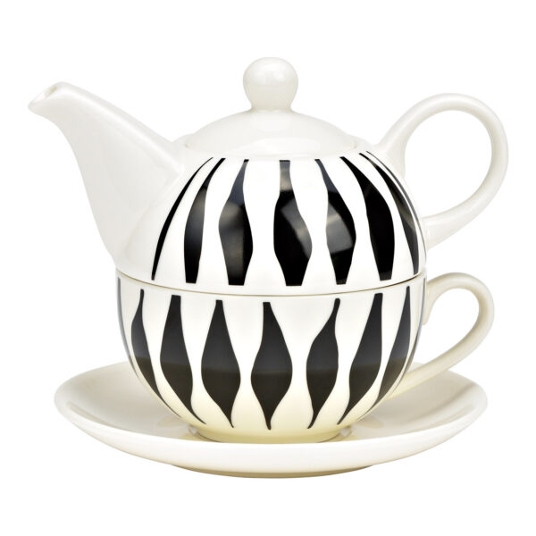 Juego de tetera, decoración con patrón de huso, juego de 3, de porcelana blanca, negra (an./al./pr.) 15x16x15cm 400ml/250ml