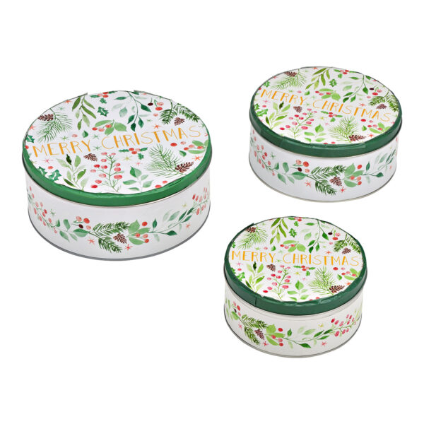 Juego de 3 latas redondas Merry Christmas, fabricadas en metal de colores (An./Al./Pr.) 19x8x19cm, 17x7x17cm, 14x6x14cm