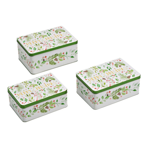 Juego de 3 latas navideñas cuadradas de metal de colores (An./Al./Pr.) 21 x 15 x 9 cm, 19 x 13 x 8 cm, 17 x 12 x 7 cm