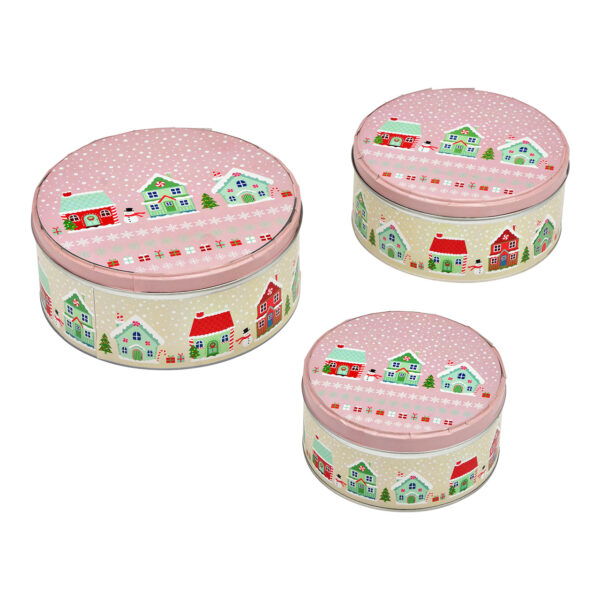 Conjunto de 3 cajas de metal redondas para casa de pueblo en color rosa invierno (ancho x alto x profundidad): 19 x 8 x 19 cm, 17 x 7 x 17 cm, 14 x 6 x 14 cm