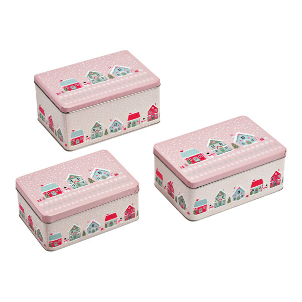 Juego de 3 latas cuadradas para casa de pueblo en invierno, fabricadas en metal (An./Al./Pr.) 21x15x9cm, 19x13x8cm, 17x12x7cm
