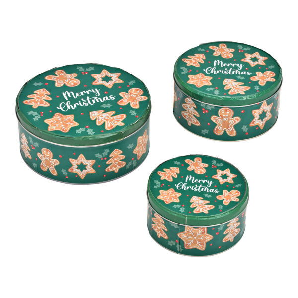 Juego de moldes redondos para galletas de jengibre, Merry Christmas set de 3, fabricados en metal verde (An./Al./Pr.) 19x8x19cm, 17x7x17cm, 14x6x14cm