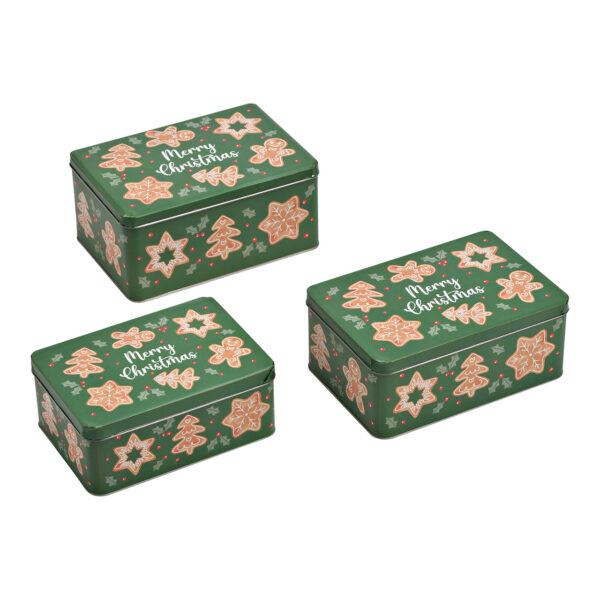 Juego de 3 moldes cuadrados para galletas de jengibre, Merry Christmas, de metal verde (An./Al./Pr.) 21x15x9cm, 19x13x8cm 17x12x7cm