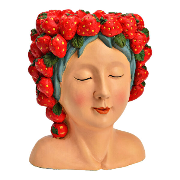 Maceta cabeza de mujer con fresas de magnesia, rosa/rojo (ancho/alto/profundidad) 22x28x21cm