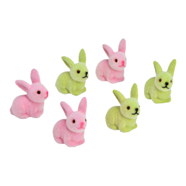 Conejito de plástico flocado, doble pliegue, juego de 3, rosa/verde (ancho/alto/profundidad): 4 x 4 x 1 cm