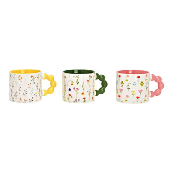 Taza con decoración de flores y asa de perla de porcelana, triple, amarillo/verde/rosa 360 ml (ancho/alto/profundidad) 14 x 8 x 9 cm