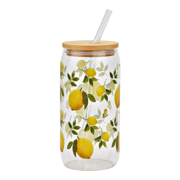 Vaso para beber limón con tapa de bambú y pajita de vidrio, amarillo (ancho x alto x profundidad) 8 x 15 x 8 cm