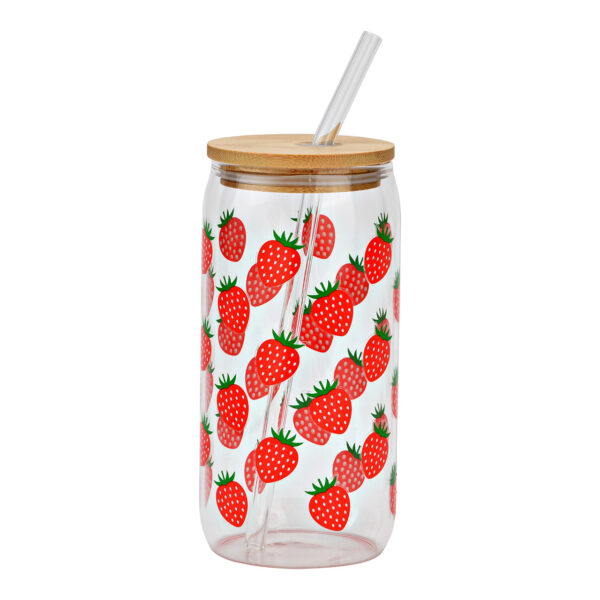 Vaso de fresa con tapa de bambú y pajita de cristal, rojo (ancho x alto x profundidad) 8 x 15 x 8 cm