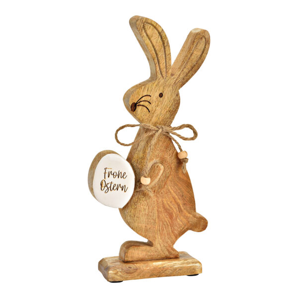 Conejo de pie con huevo de Pascua, Frohe Ostern de madera de mango natural, blanco (an./al./pr.) 13x27x5cm