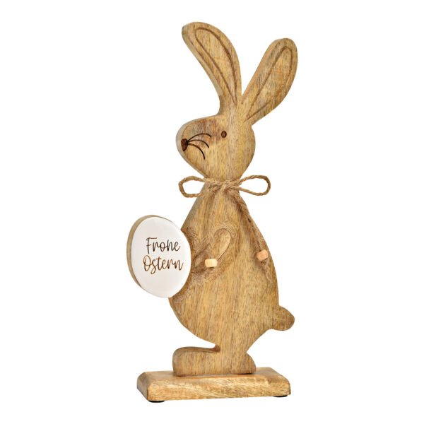 Conejo de pie con huevo de Pascua, Frohe Ostern, fabricado en madera de mango natural (ancho/alto/profundidad) 14 x 32 x 5 cm