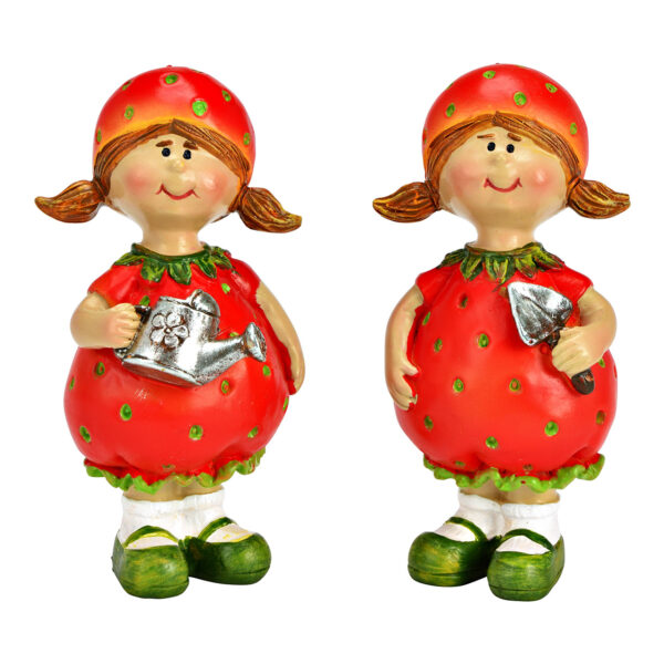 Figura de niña fresa de poli rojo, doble cara, (ancho/alto/profundidad) 5 x 9 x 4 cm