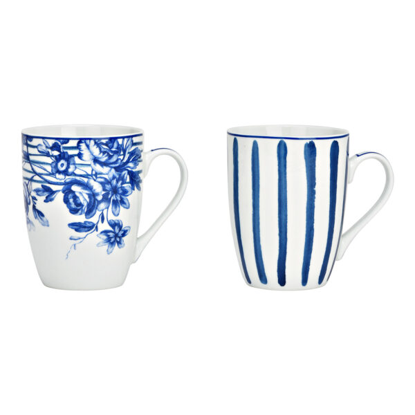 Taza de porcelana azul con rayas y decoración de flores, 2 compartimentos, (ancho/alto/profundidad) 11 x 10 x 8 cm