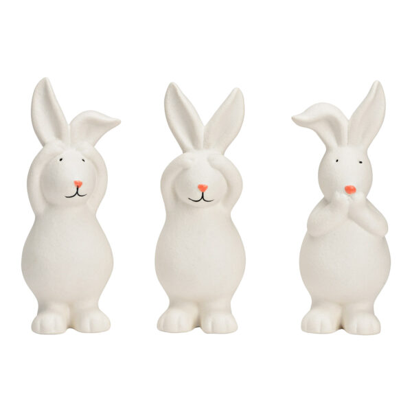 Conejo No veo nada, no oigo nada, no digo nada, fabricado en porcelana blanca triple, (An/Al/Pr) 5x12x5cm