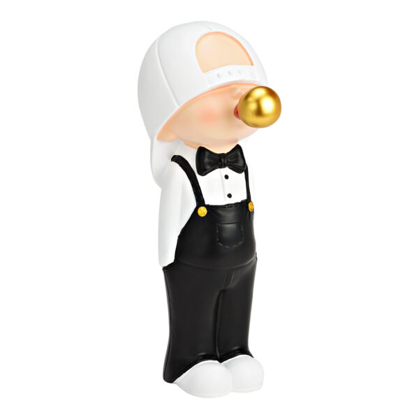 Figura niño con burbuja de chicle fabricada en poli, color negro/blanco/dorado (an./al./pr.) 13x38x22cm