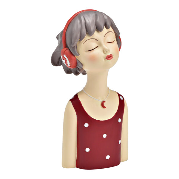 Figura mujer con auriculares realizada en poli rojo/gris (An/Al/Pr) 11x24x11cm