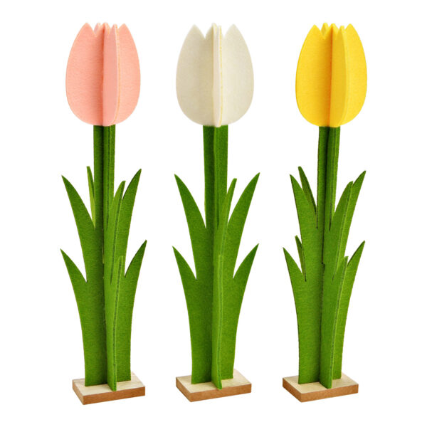 Soporte para tulipanes de fieltro/MDF, triple, amarillo/rosa/blanco (ancho/alto/profundidad) 7 x 34 x 4 cm