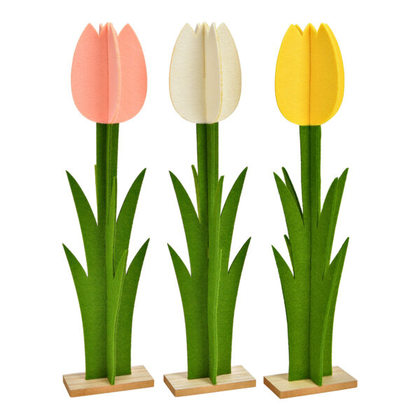 Soporte para tulipanes de fieltro/MDF, triple, amarillo/rosa/blanco (ancho/alto/profundidad) 10 x 42 x 5 cm