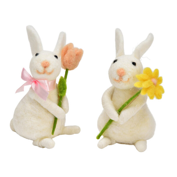 Figura de conejo con flor de fieltro/plástico, blanca, doble cara, (ancho/alto/profundidad) 7 x 10 x 7 cm