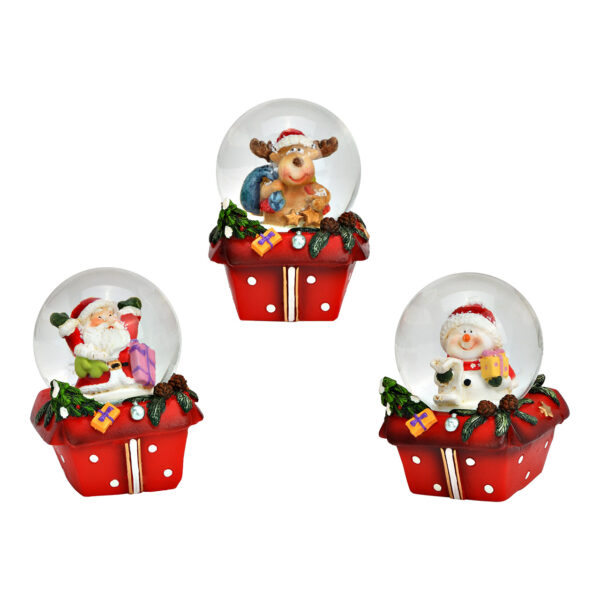 Schneekugel Nikolaus, Schneemann, Elch, auf Geschenkpäcken Sockel aus Glas/Poly, 3-fach, Rot (B/H/T) 5x6x5cm