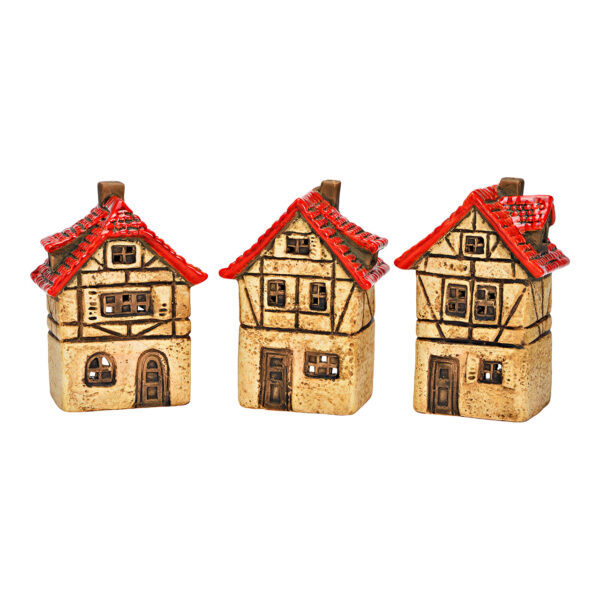 Figur Haus aus Steingut, 3-fach, Rot/Natur (B/H/T) 9x14x7cm